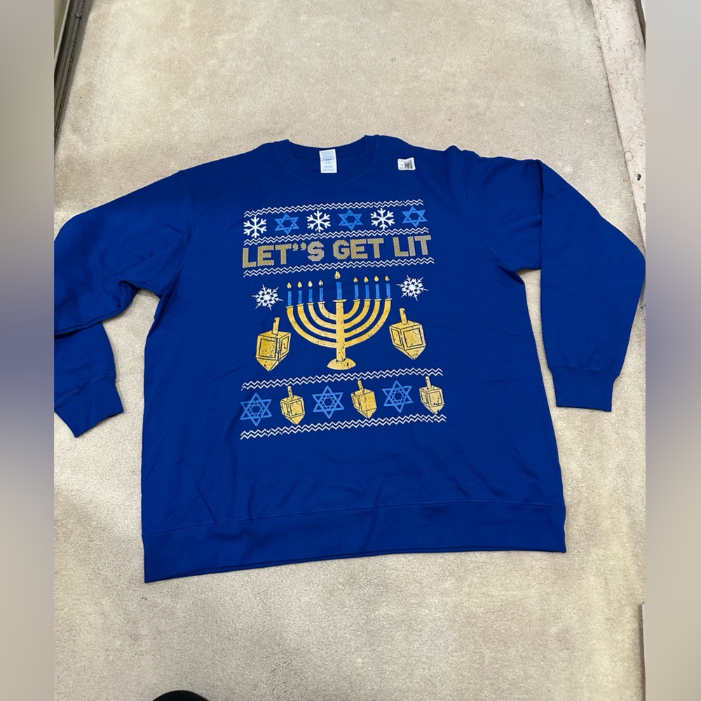 Blue Hanukkah Sweatshirt with Gold and White Design
